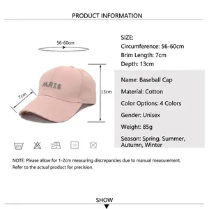 Pink cotton baseball cap with PARIS embroidery, showing detailed size specifications