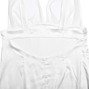 Detail of white backless satin dress showing side zipper and padded heart-shaped cups