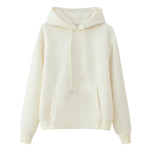 Detail view of beige hoodie collar showing size S tag and soft drawstring hood fabric
