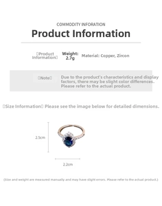 Detail showing dimensions of an open ring with blue zircon stone and floral copper band