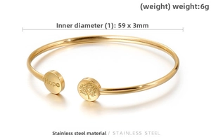 Detailed view of 6g golden stainless steel Hope bracelet with Tree of Life engraving
