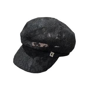 Black lace octagonal beret for women with breathable mesh and rhinestone buckle