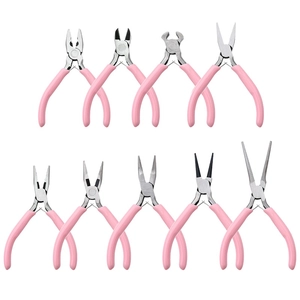 9-piece set of pink handle DIY jewelry pliers including needle-nose and round-nose tools