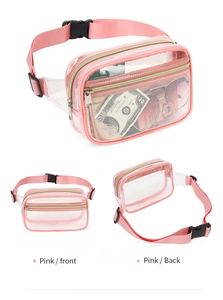 Detailed view of pink transparent PVC fanny pack showing storage space and strap details