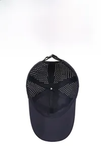 Detail of navy quick-dry baseball cap featuring laser-cut breathable mesh and adjustable strap
