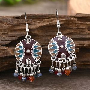 Ethnic bohemian silver bell earrings with colorful beads and enamel round pendant