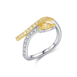 Two-tone S925 sterling silver snake ring with pear-cut yellow stone and pavé zircons