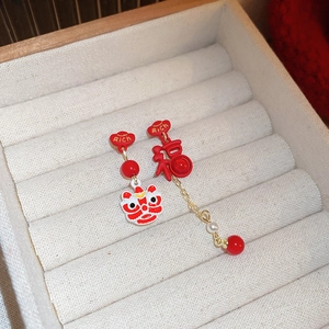 Asymmetric Chinese New Year Lion Dance Drop Earrings Alloy Enamel With Silver Earring Post Festive Blessing For Women
