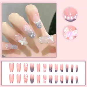 Pink to blue gradient press-on nails with 3D butterflies, pearls, and silver glitter D838