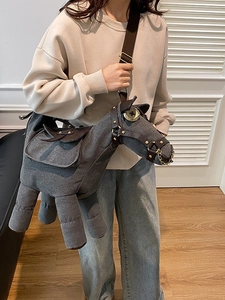 Unique horse-shaped crossbody bag in dark grey canvas with retro leather harness details