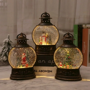 Vintage bronze Christmas lanterns featuring Santa, snowman, and tree with glowing LED lights