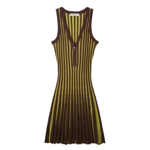 Knit Midi Dress Sleeveless V Neck Vertical Striped Polyester Slim Fit Button Front Elegant Casual For Women