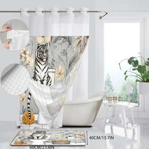 Tiger and floral waffle shower curtain with matching bath mat in bathroom setting