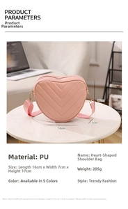 Pink heart-shaped crossbody bag with V-quilted stitching and product size parameters