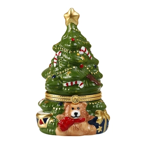 Ceramic Christmas tree trinket box with a teddy bear base and colorful enamel finish