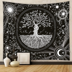 Bohemian tree of life wall tapestry with celestial sun and moon symbols in black and white