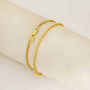 Double-layer 18K gold-plated stainless steel bracelet with love charm and beaded chain