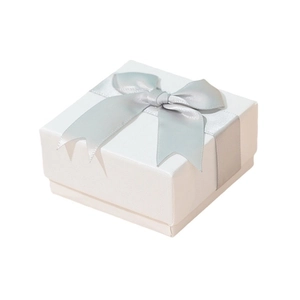 Square white jewelry gift box with silver-grey ribbon bow for rings and necklaces