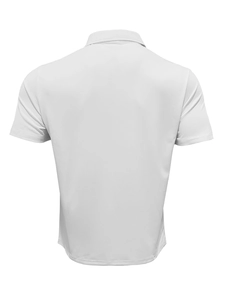 Back view of a men's white short-sleeve polo shirt showing fit and seam details