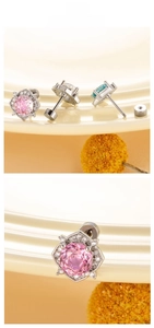 Macro shot of hexagon flower stud earring with pink zircon and secure screw back