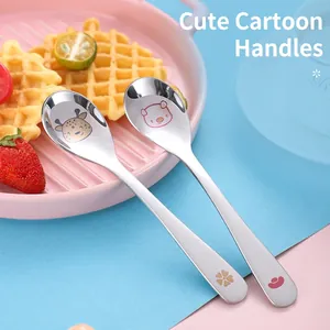 Cartoon 304 stainless steel baby feeding spoons with cute giraffe and pig printed patterns