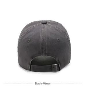 Rear view of washed dark grey cotton baseball cap featuring adjustable silver metal buckle
