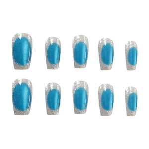 Peacock blue cat eye press-on nails with silver glitter gradient in short square shape
