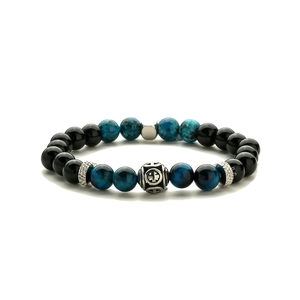 Bracelet en onyx noir naturel et oeil de tigre bleu avec croix en argent poli