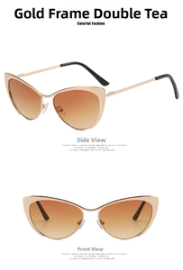 Front and side views of cat eye metal glasses frame with gold finish and gradient brown lenses