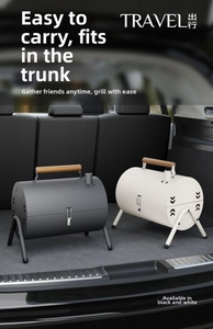 Portable outdoor charcoal grill in car trunk showing compact foldable storage for camping