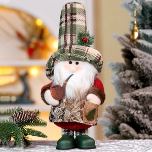 Detail of Christmas gnome with plaid hat, bushy beard, pipe, and festive tree pattern bag