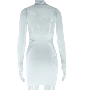Detail view of white mesh mini dress featuring back hollow cut-out and sheer fabric texture