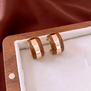 C-Shaped Stud Earrings With Copper Enamel Striped Gold Plated Vintage Brown 925 Sterling Silver Earring Post For Women