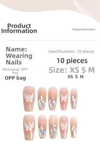 Size chart for pink press-on nails with 3D butterflies and aurora rhinestones