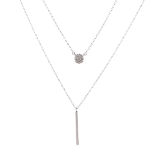 Double-layered 925 silver necklace with sparkling pavé disc and sleek vertical bar pendant