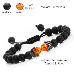Adjustable 8mm lava stone and tiger eye bead bracelet with zircon crown charm for men