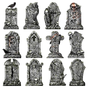 Grid of 12 Halloween tombstone magnets with R.I.P. text and realistic stone textures