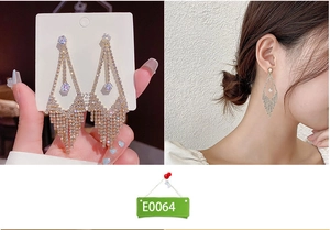 Detail of sparkling rhinestone tassel earrings with S925 silver needle on card