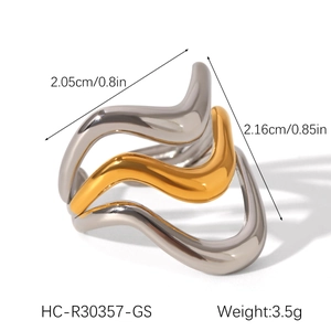 Detail view of wavy two-tone stainless steel ring with dimensions and weight info