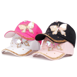 Casquettes de baseball en jean pour femme avec papillon en cristal et strass sur la visière