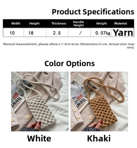 Size chart showing dimensions for a handmade woven crossbody phone bag in cotton cord