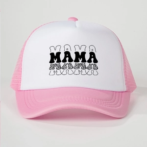 Detail showing pink and white mesh trucker hat with four styles of MAMA letter prints
