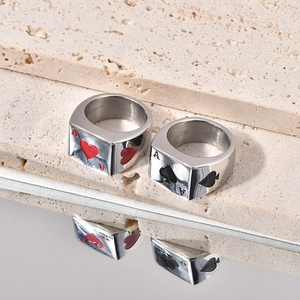 Polished titanium steel rings featuring Ace of Hearts and Ace of Spades poker designs