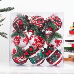 9pcs set of 6cm-8cm plaid Christmas ornaments with pine needles in a gift box