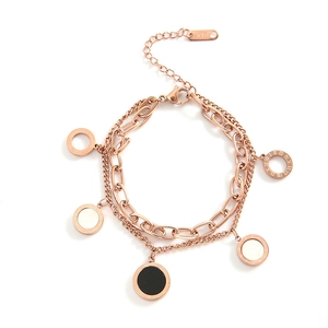 Double-layer rose gold titanium steel bracelet with Roman numeral charms and black shell