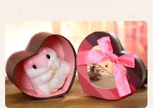 Detail showing a cute pink plush hamster inside a heart-shaped striped gift box with a bow