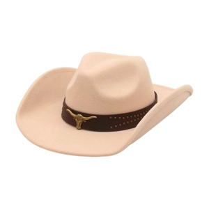 Classic beige wool felt cowboy hat with bull head metal emblem and rivet leather band