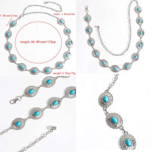 Detail specifications of turquoise chain belt showing weight and dimensions in a collage