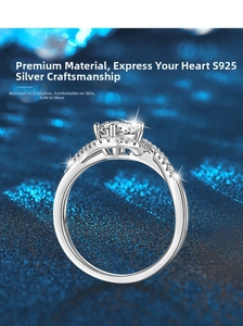 Macro shot of 925 silver ring featuring a round moissanite in a four-claw bridge setting