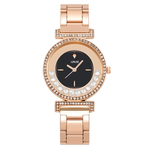 Fashionable rose gold women's quartz watch with rhinestone bezel and black dial